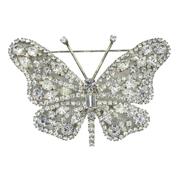 Unbranded | Jewelry | Clear Rhinestone Butterfly Brooch  Clear Rhinestone Butterfly Brooch, Prong Set, Silver Tone Large Pin N207